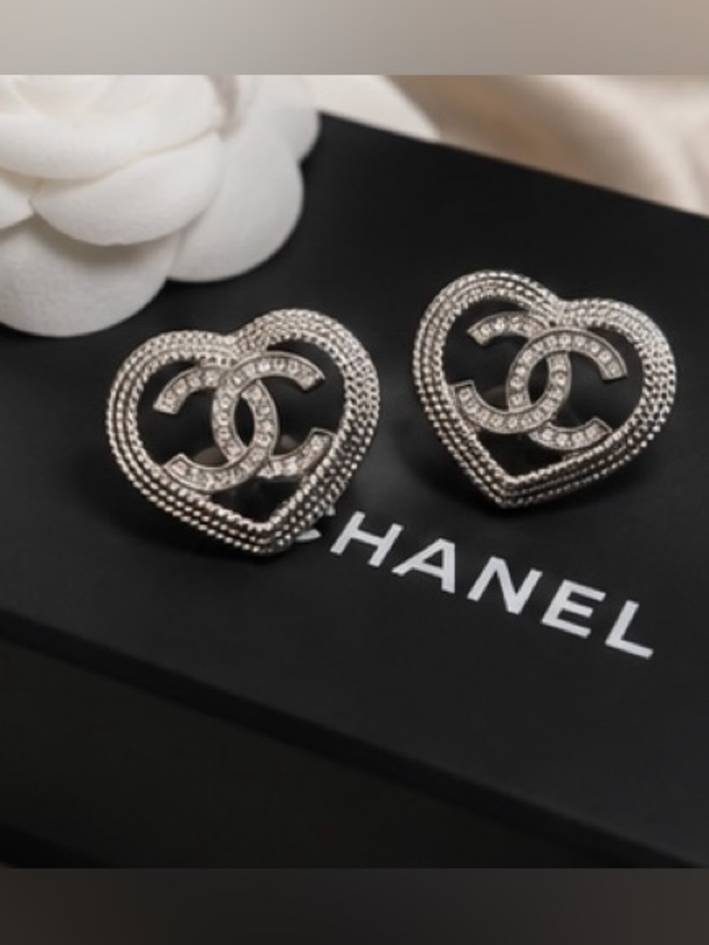 Silver Tone Heart Rhinestone Statement Stud Earrings Elegant Glam Style